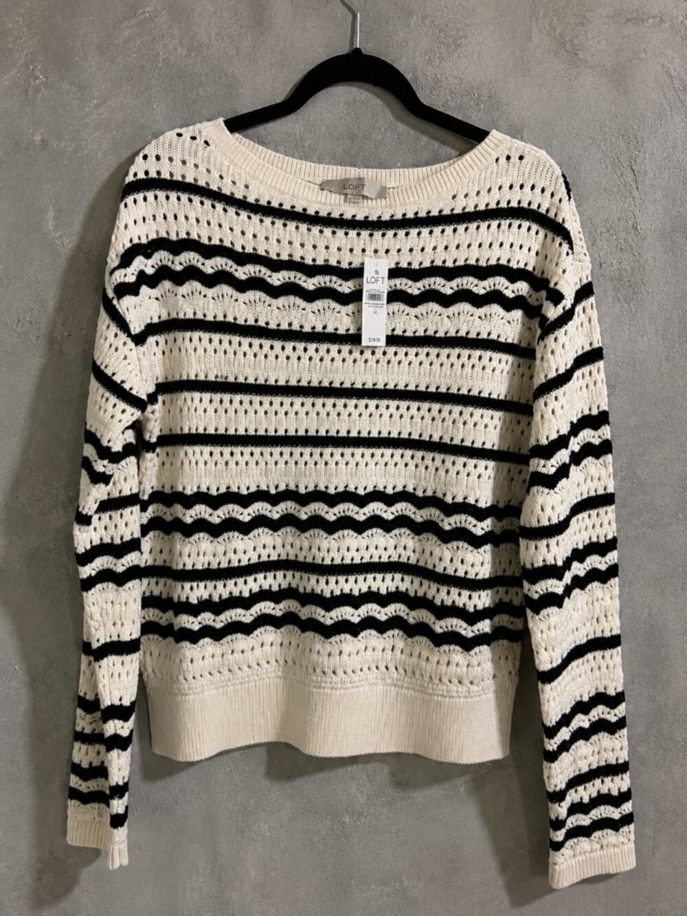 LOFT Black & Cream Openwork Stripe Cotton Sweater XS NWT